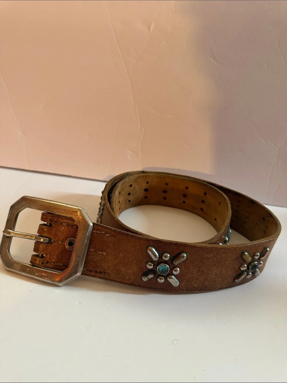 Vintage Brown Leather Belt 2” Studded NEW YORK Turquoise Western Y2K 38”